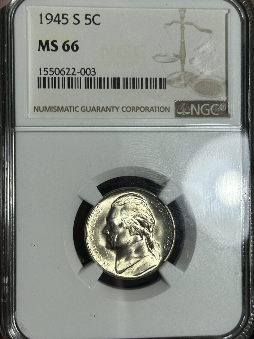 A 1945-S Jefferson Nickel NGC MS66, displayed in a secure holder with a barcode and certification details.