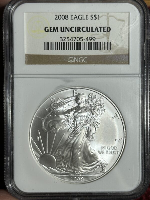 2008 American Silver Eagle NGC Gem BU certified as gem uncirculated by ngc, featuring a walking liberty design, encased in a protective holder.