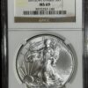 A 2012 American Silver Eagle NGC MS69 featuring the walking liberty design, encased in a protective slab.