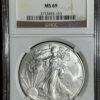 2013 American Silver Eagle NGC MS69 displayed within a secure holder with certification label.