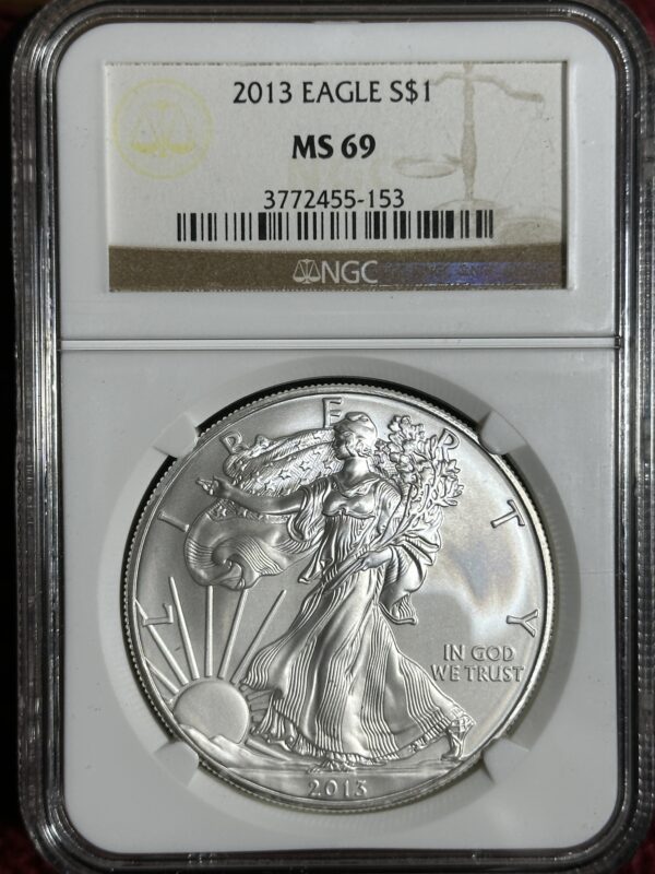 2013 American Silver Eagle NGC MS69 displayed within a secure holder with certification label.