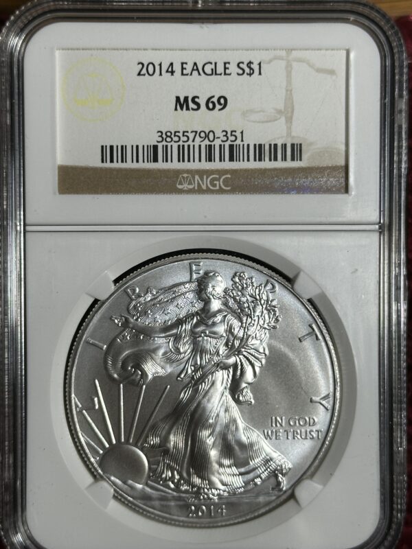 Sentence with product name: A 2014 American Silver Eagle NGC MS69 in a protective case, featuring the classic liberty design and the inscription "in god we trust.