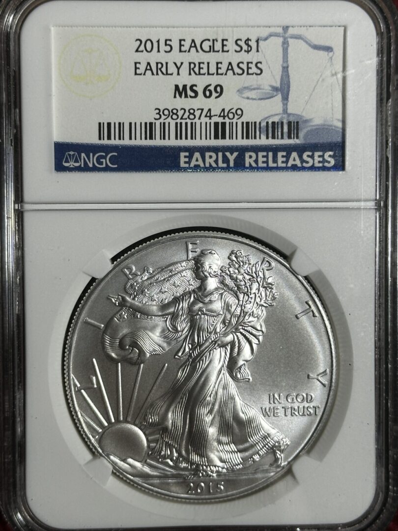 A 2015 American Silver Eagle NGC MS69 coin in an early releases case, featuring the liberty design with an eagle on the reverse.