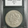 A 1889-S Morgan Dollar XF45 coin encased and labeled.