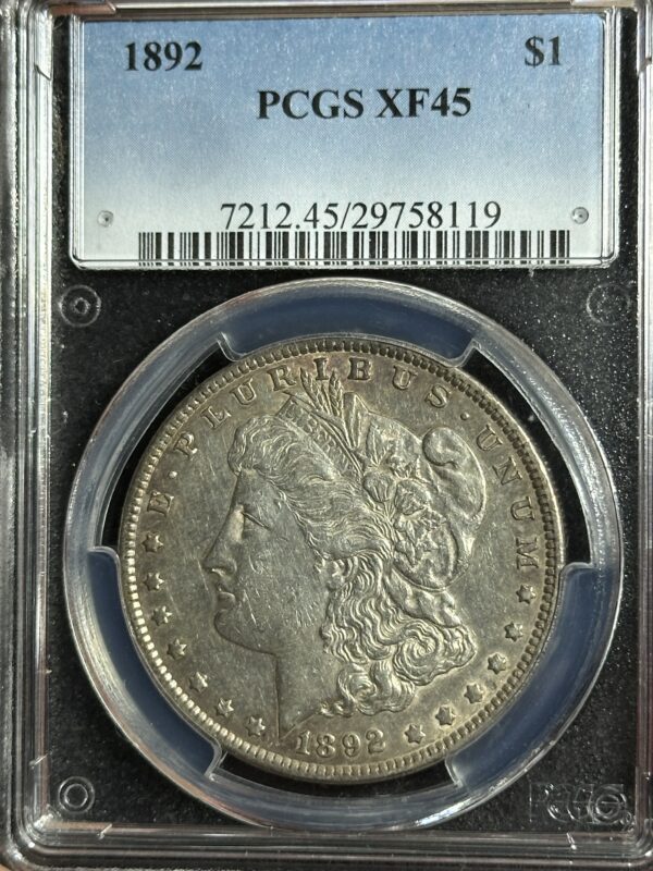 1892 Morgan Dollar PCGS XF45 graded by PCGS in a protective case, showing the Liberty Head design and surrounding text.