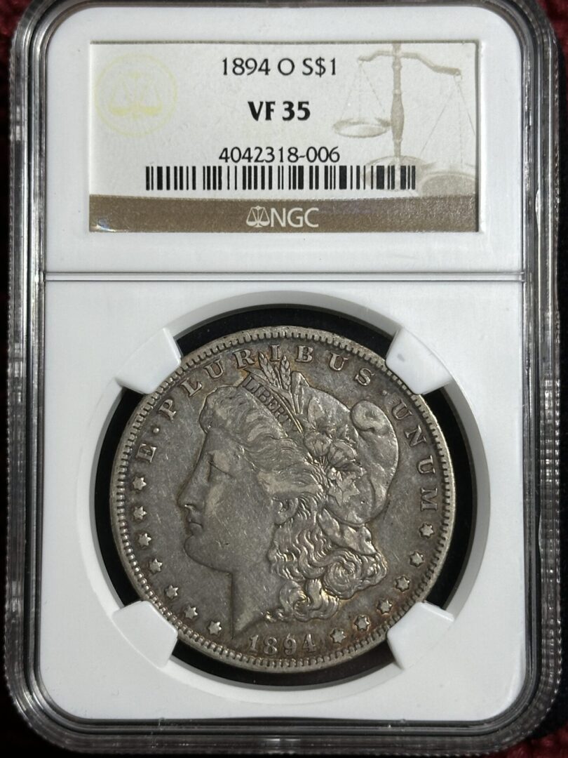 1894-O Morgan Dollar NGC VF35 coin, encased in a protective holder with a label from ngc.