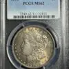 1896 Morgan Dollar PCGS MS62 graded by PCGS in a protective case, displaying detailed features and serial number.