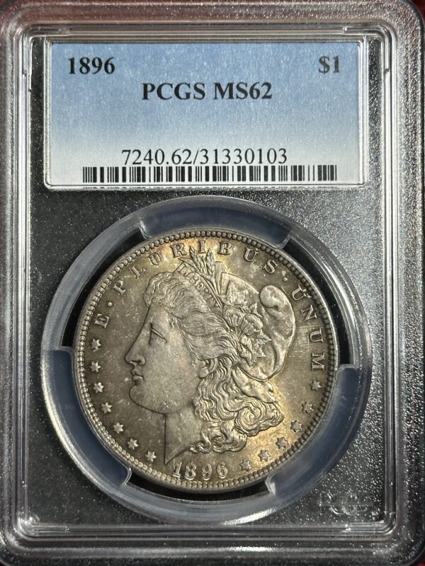 1896 Morgan Dollar PCGS MS62 graded by PCGS in a protective case, displaying detailed features and serial number.