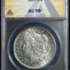 An 1897-S Morgan Dollar ANACS AU58, encased in a protective ANACS holder, showing detailed features of Lady Liberty's profile.
