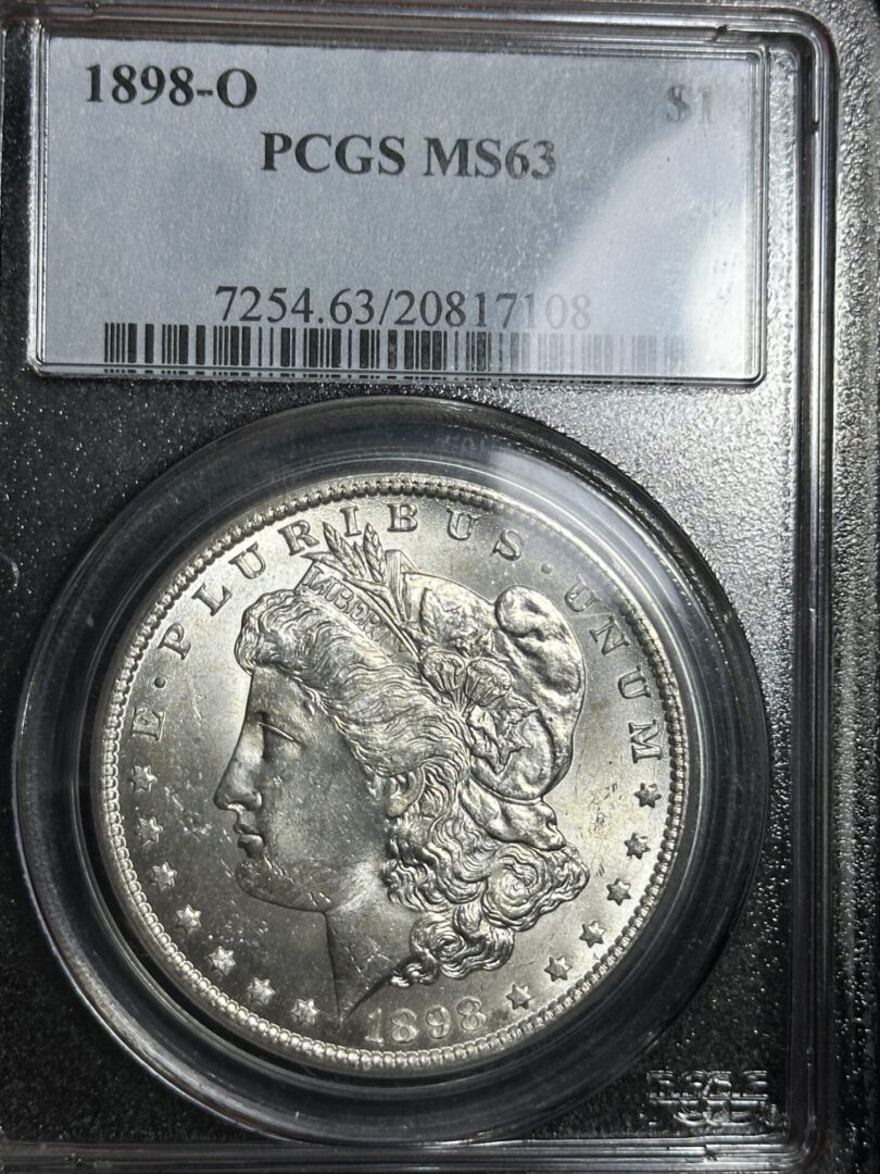 1898-O Morgan Dollar PCGS MS63 in holder, showcasing the coin's detailed obverse featuring liberty's profile and the inscription "e pluribus unum.