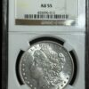 1899 Morgan Dollar NGC AU55 graded by ngc in a sealed case, showing the obverse side with liberty bust and inscriptions.