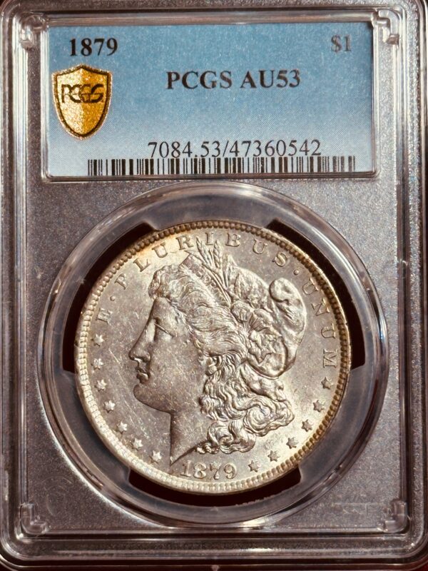 Antique 1879 silver dollar graded au53 by pcgs, enclosed in a secured case with certification information displayed at the top.