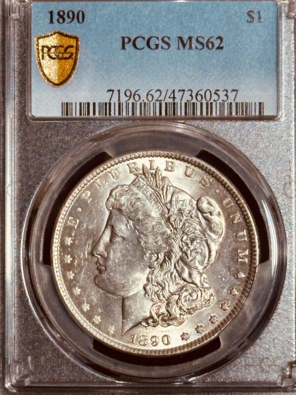 1890 silver dollar graded ms62 by pcgs in a sealed case, displaying the obverse side with liberty's profile.