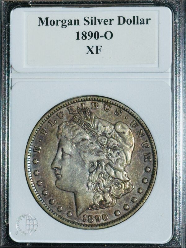 An 1890-o morgan silver dollar graded xf, exhibiting wear and toning, encapsulated in a labeled clear protective holder.