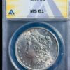 1890-s silver dollar coin, graded ms 61 by anacs, displayed in a protective plastic case with label at top showing year and grade.