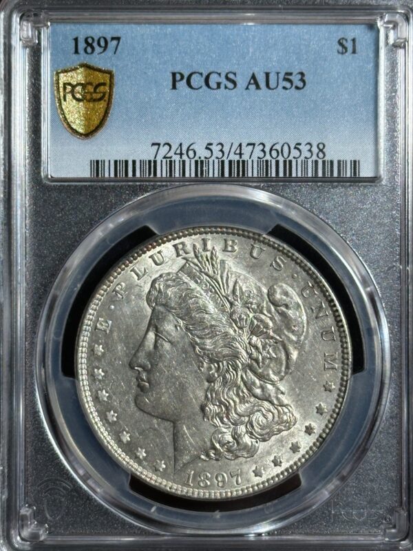 1897 silver dollar graded pcgs au53 in a plastic slab with label displaying grade and certification number.