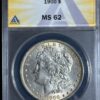 A 1900 morgan silver dollar graded ms 62 by anacs, encased in a protective holder with label showing details on the top.