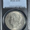A 1900-s morgan silver dollar graded au53 by pcgs, displayed in a secure holder, showcasing detailed obverse features.