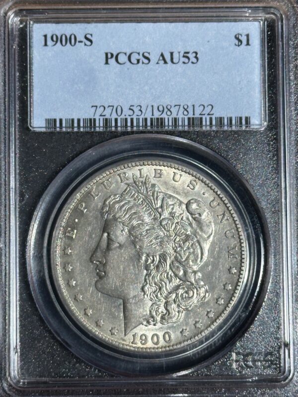 A 1900-s morgan silver dollar graded au53 by pcgs, displayed in a secure holder, showcasing detailed obverse features.