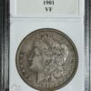 A 1901 morgan silver dollar graded vf, encased in a protective holder with labeling at the top.