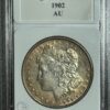 A 1902 morgan silver dollar coin graded au, displayed in a protective case with certification label at the top.