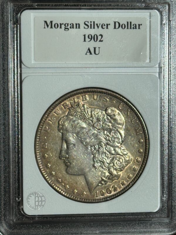 A 1902 morgan silver dollar coin graded au, displayed in a protective case with certification label at the top.