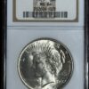 1925 silver dollar coin with lady liberty’s profile, labeled and graded ms 64 in a sealed protective case.