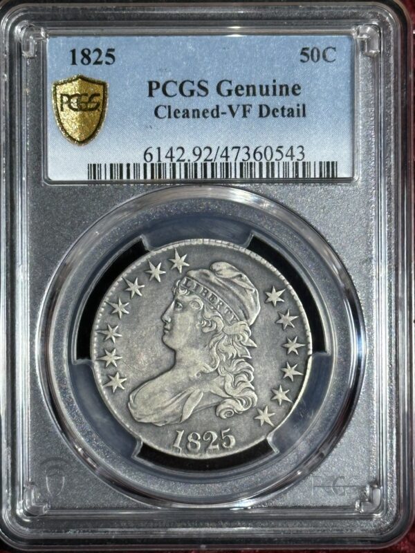 An 1825 Capped Bust Half Dollar PCGS VF details coin in a pcgs protective case, showing a profile portrait and star details.