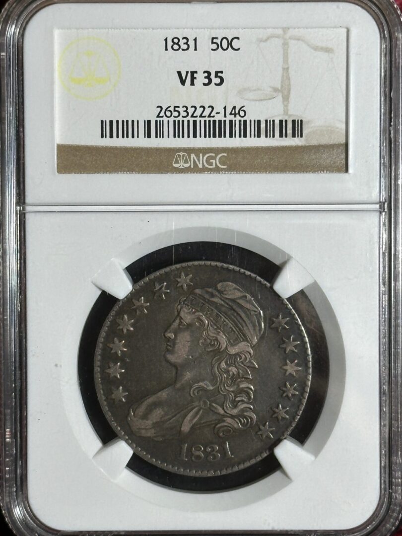 1831 half-dollar coin with liberty bust, encased in ngc holder, labeled "vf 35" indicating its condition and graded authenticity.