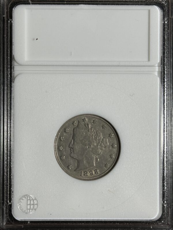 An 1898 Liberty Nickel XF45 enclosed in a transparent collector's case.