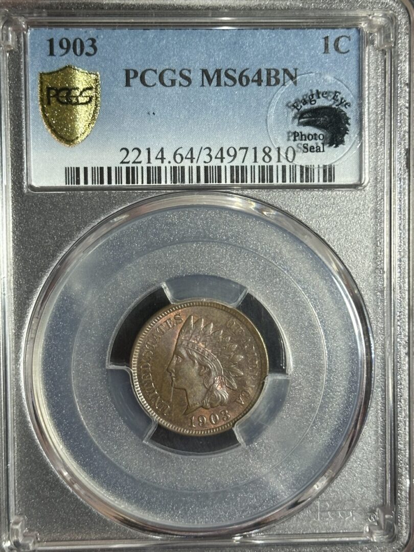 A 1903 Indian Cent PCGS MS64 "Eagle Eye" designation graded ms64bn by pcgs, encased in a transparent protective holder with a label including grading details.