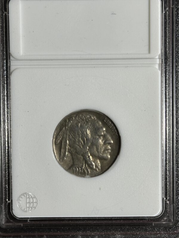 A 1937 Buffalo Nickel AU55, featuring an indigenous man on the obverse, encased in a protective white holder.