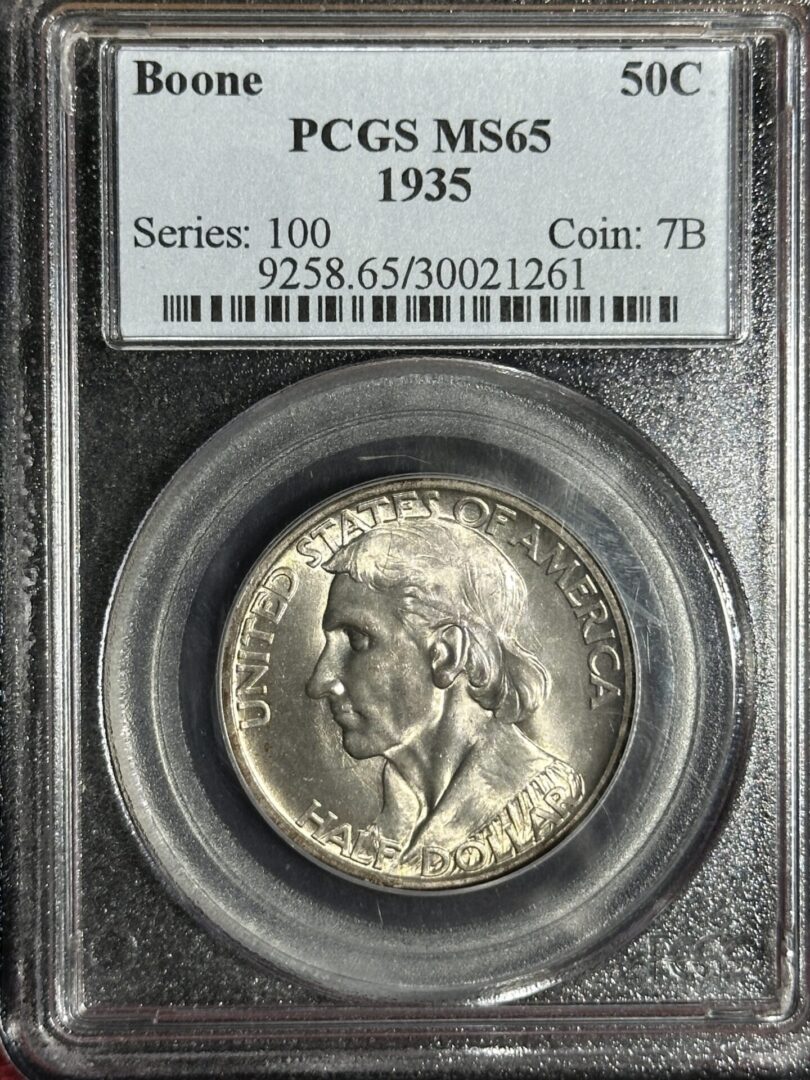 A 1935 Daniel Boone Commemorative PCGS MS65 half-dollar coin graded ms65 by pcgs, encased and labeled with series and certification numbers.