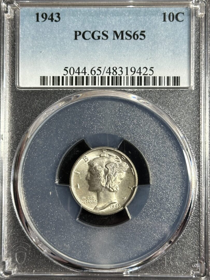 1943 Mercury Dime PCGS MS65 graded by pcgs, enclosed in a labeled protective case.