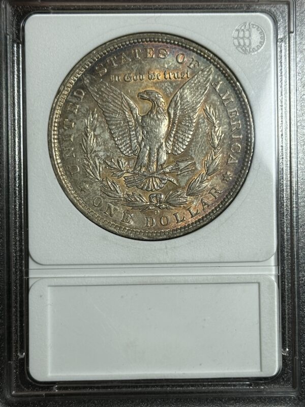 An 1887-O Morgan Dollar XF45 coin featuring an eagle, encased and displayed in a clear protective holder.