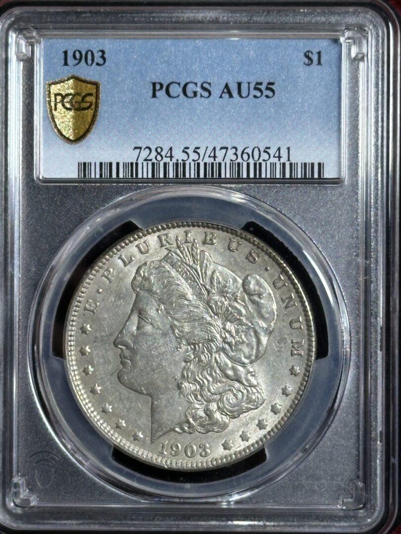 1903 Morgan Dollar PCGS AU55 graded by PCGS, encased in a protective slab with visible certification details.