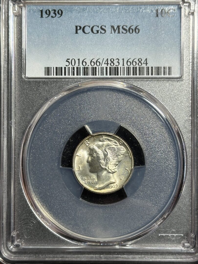 1939 Mercury Dime PCGS MS66 graded by pcgs, encased in a transparent slab with certification label at the top displaying identification numbers.