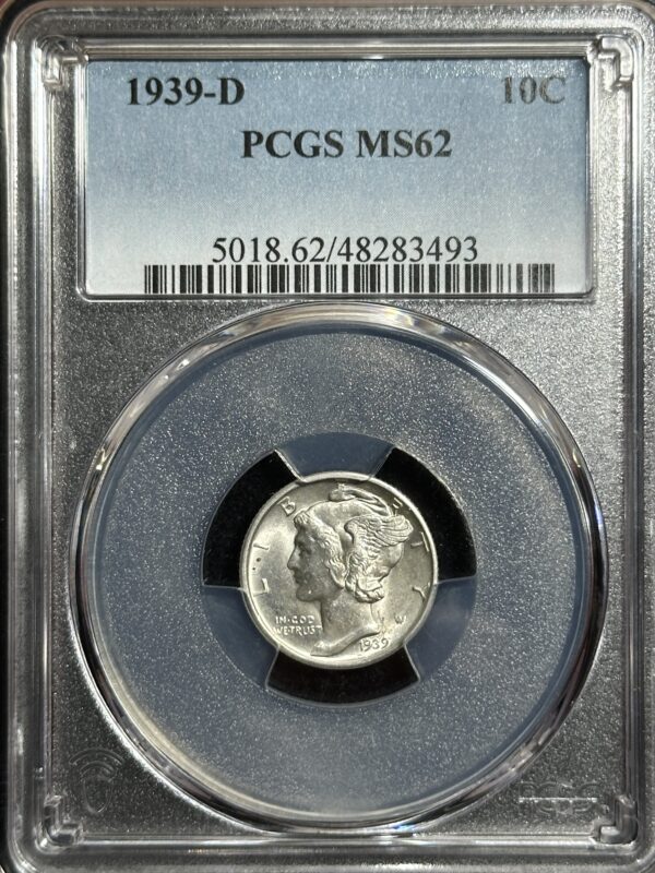 1939-D Mercury Dime PCGS MS62 graded by PCGS, encapsulated in a labeled secure holder, displaying profile of liberty wearing a winged cap.