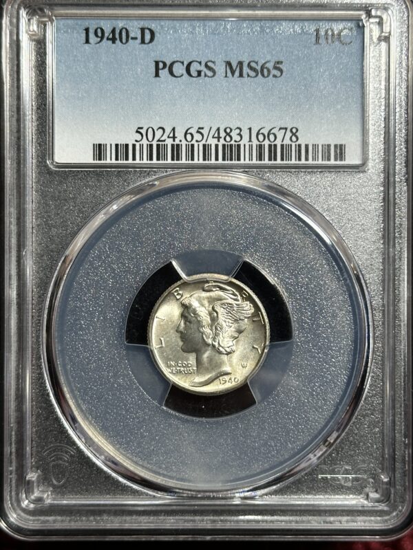 1940-D Mercury Dime MS65 graded by PCGS, encased in a labeled and sealed protective holder.