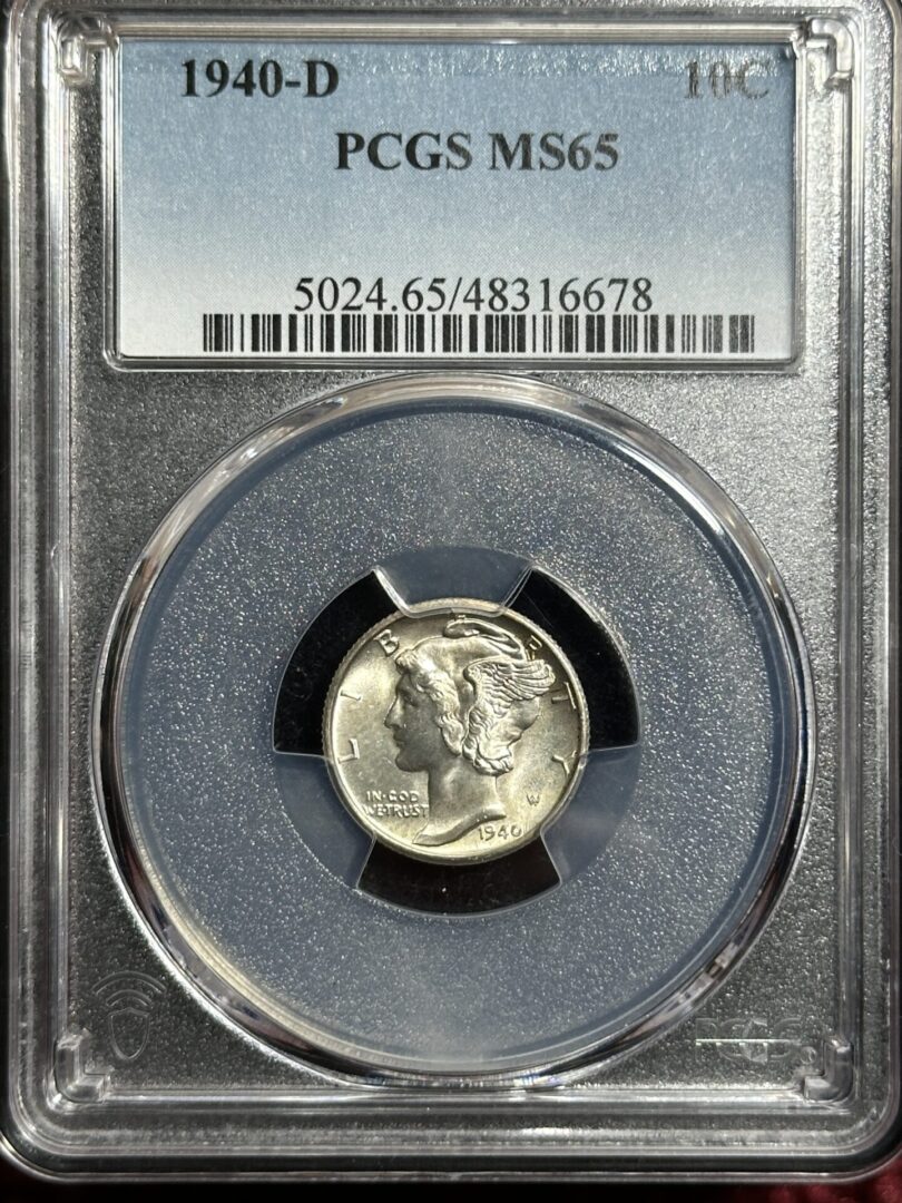 1940-D Mercury Dime MS65 graded by PCGS, encased in a labeled and sealed protective holder.