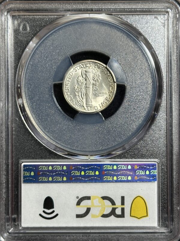 A 1940-D Mercury Dime MS65 from 1964, graded ms 68 by a coin grading service, displayed in a sealed protective case.