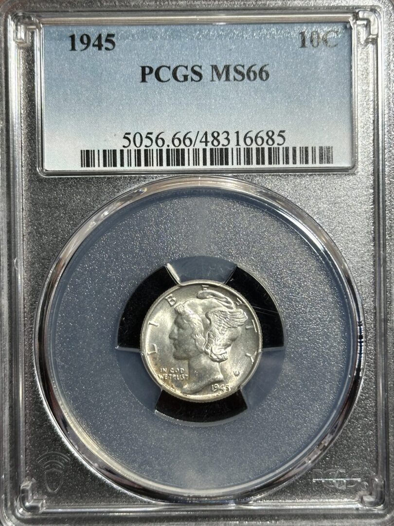 1945 Mercury Dime PCGS MS66 graded by pcgs, displayed in a protective case with certification label visible at the top.