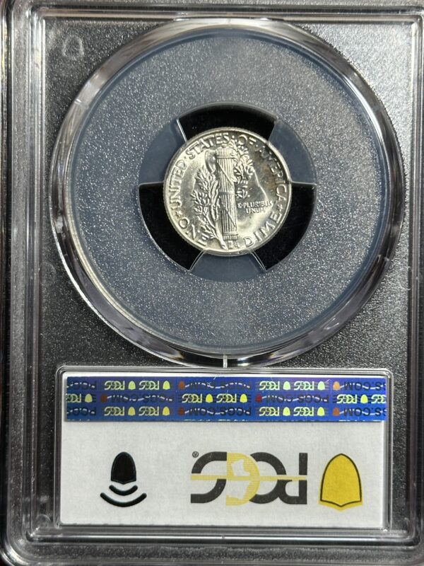 A 1945 Mercury Dime PCGS MS66 coin encased in a transparent plastic holder for protection and display, with a label indicating certification details.