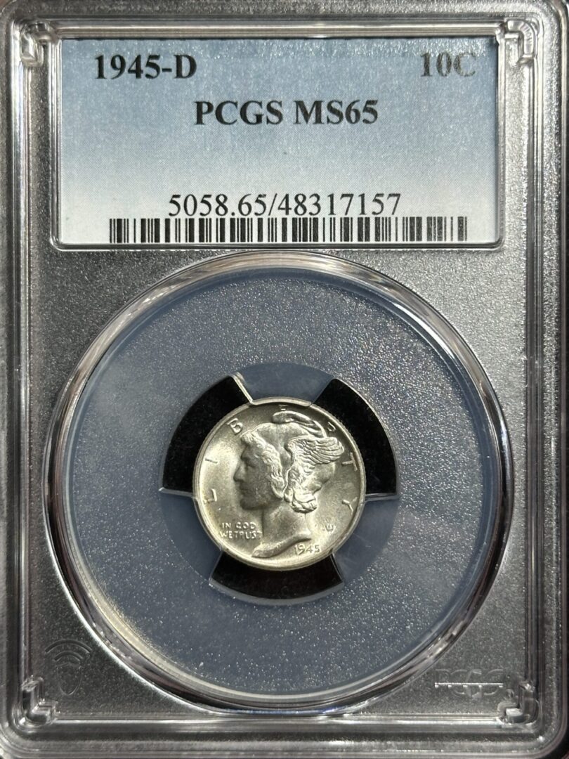 1945-D Mercury Dime PCGS MS65 displayed in a clear protective case.