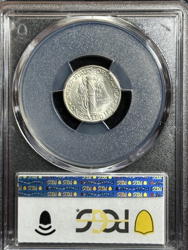 A 50-cent 1945-D Mercury Dime PCGS MS65 encased in a protective transparent holder marked by pcgs.