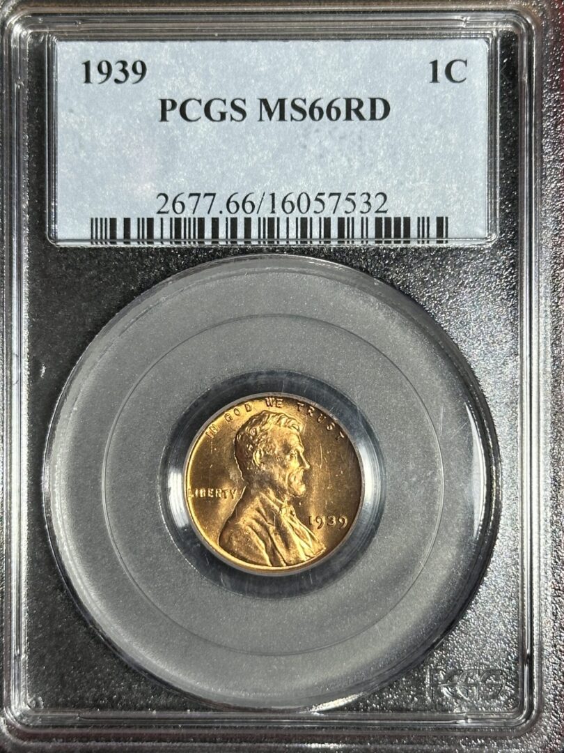 1939 Lincoln Cent PCGS MS66 Red graded by PCGS, encased in a transparent holder with certification number 2677.66/16057532.