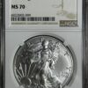 A 2020 American Silver Eagle NGC MS70 encapsulated in a Numismatic Guaranty Corporation holder, featuring the Liberty design.