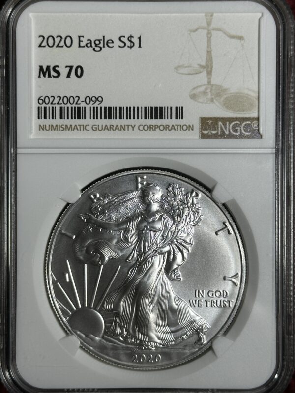 A 2020 American Silver Eagle NGC MS70 encapsulated in a Numismatic Guaranty Corporation holder, featuring the Liberty design.