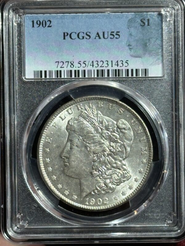 1902 Morgan silver dollar, AU55 grade.