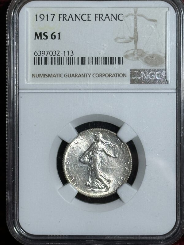 1917 French Franc silver coin, graded MS 61.